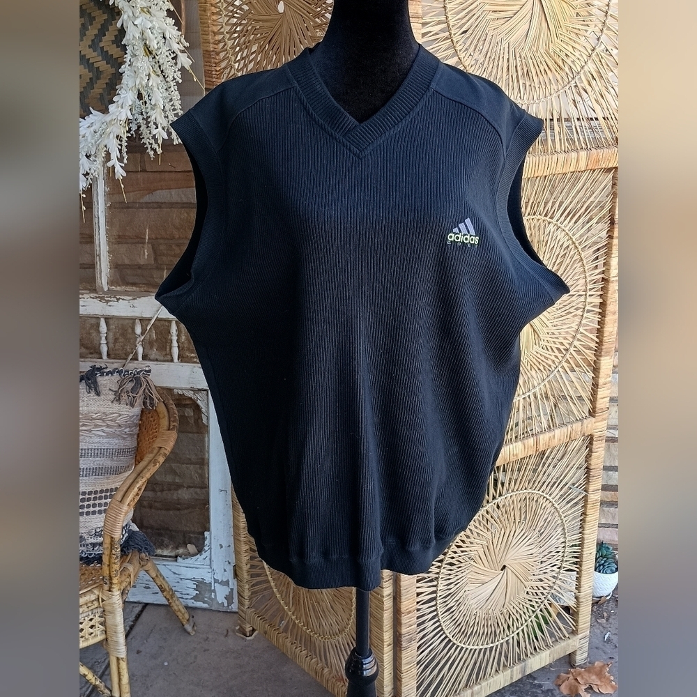 Vintage 90s Adidas Black V-Neck Vest with Green Logo_XL